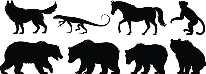 Collection of animal silhouette icons including wolf horse monkey lizard and grizzly bears for nature and wildlife designs © SreeRupali