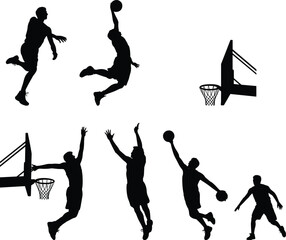 Collection of basketball player silhouettes in action poses including slam dunking, jumping, and shooting near the hoop © SreeRupali