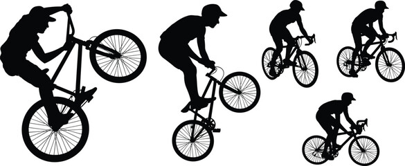 Fototapeta premium Collection of bicycle silhouettes featuring BMX riders performing stunts and road cyclists racing in professional riding positions on white background
