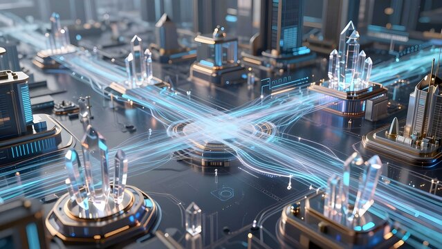 Futuristic quantum network server connection with crystal datacenter blockchain technology