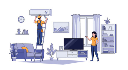 Fototapeta premium Professional service technician standing on a ladder to repair or install an air conditioning unit in a modern living room interior.