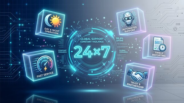 Global support system showing constant vigilance and automated digital service solutions.