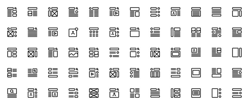 Wireframe icon set. UI design vector pack. Minimal line art icons. Featuring wireframes for web, app, mobile, layout, structure, prototype, blueprint, sketch, grid, interface and more. Editable vector