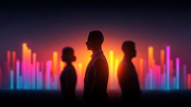 Tech layoffs market impact business silhouette corporate worker sunset neon chart economic downturn