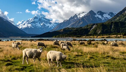 Obraz premium Sheep grazing in a green valley.