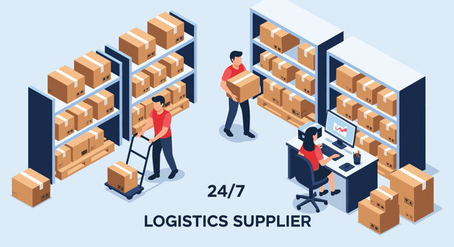 Professional 24/7 logistics supplier team working in a warehouse moving boxes on pallets and managing orders at a computer desk.
