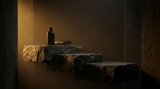 Abstract 3D rendering of dark slate stone steps illuminated by warm amber lighting