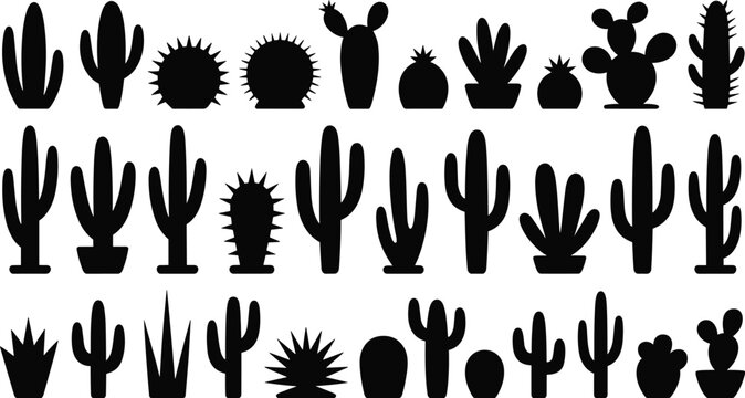Collection of cactus and succulent silhouette icons isolated vector set for desert, botanical, and western themed design projects