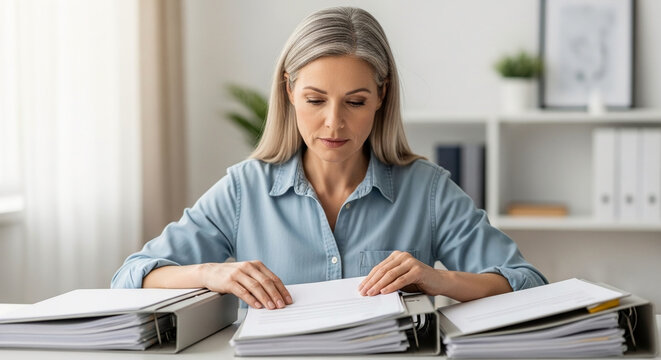 Mature professional woman reviewing business documents and organizing financial reports in ring binders at her bright home office desk.