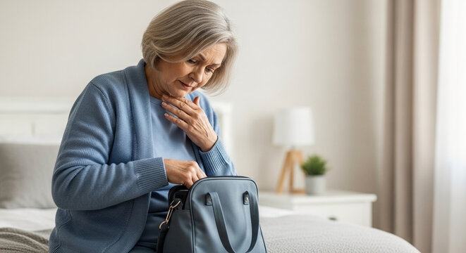 Anxious senior woman searching through her handbag in a bright bedroom, feeling concerned about missing items or memory loss issues.