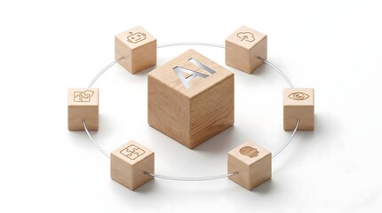 Fototapeta premium AI concept with a central cube surrounded by connected peripheral cubes on white.