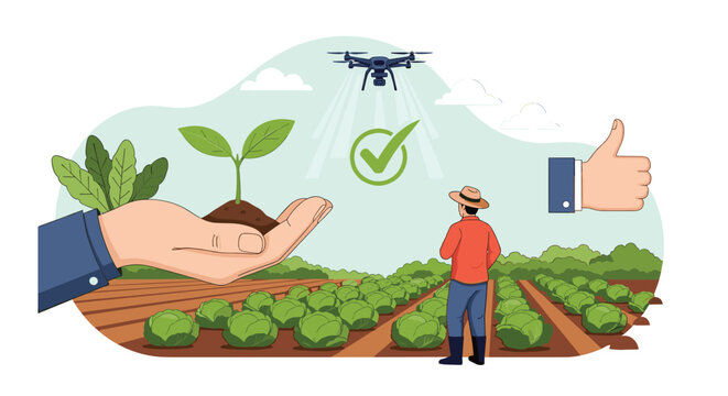 Precision farming concept with a drone surveying a cabbage field while a farmer observes the automated agricultural process.