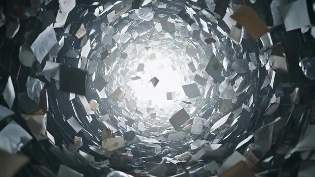 Paper debris swirling in vortex tunnel