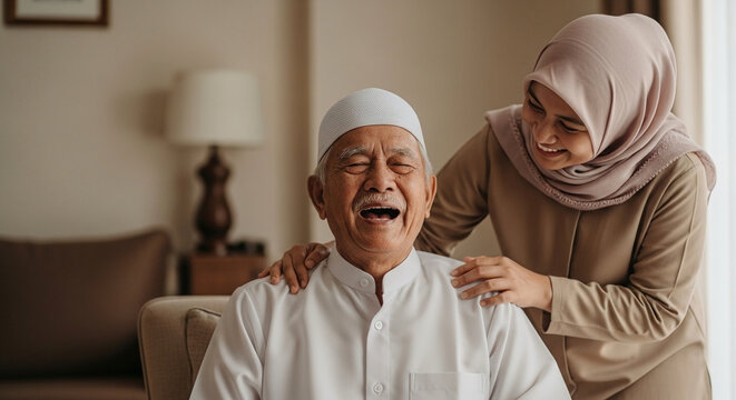 Joyful elderly Muslim man in traditional white attire laughing while his daughter in hijab provides comfort and care at home.