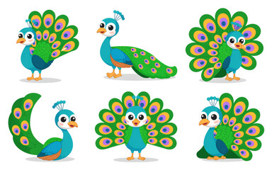 Obraz premium Set of cute pixel art peacock characters in different poses and positions Vector