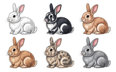 Fototapeta premium Set of six cute pixel art rabbits in different colors and patterns Vector