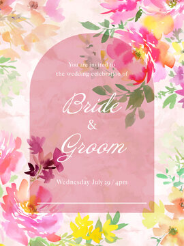 Wedding invitation card template with abstract hand painted watercolor pink wild roses and wild flowers. Vector file.