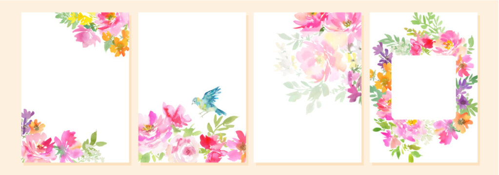 Greeting floral card template set with abstract hand painted watercolor pink wild roses and wild flowers. Vector file.