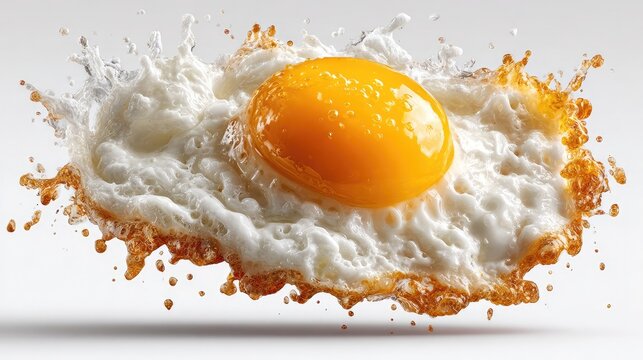 A single fried egg with a vibrant golden yolk floating midair surrounded by explosive liquid splashes against a clean white background for culinary advertising