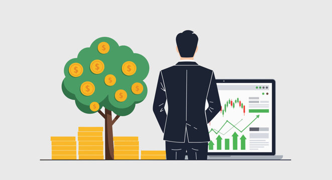 Man in suit observing money tree and financial charts on laptop screen, 3D rendering, concept for investment, financial growth and business success strategies.