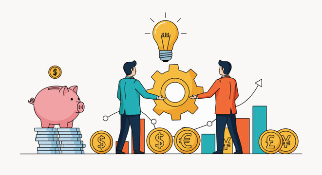 Two men collaborating on a gear with a lightbulb above, surrounded by coins and charts, concept for teamwork, business strategy and financial growth.