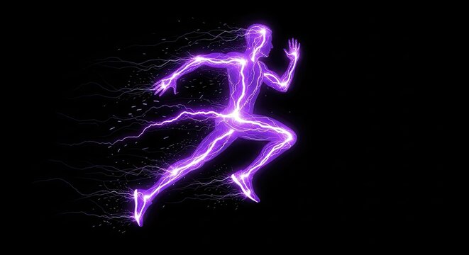 Running Man Silhouette Energy Lightning Bolt Purple Black Background