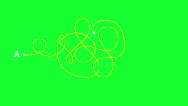 Complex and easy way from point A to B. hand drawn doodle scribble chaos path lines. kids tracing paths, animated visualization of directional flow concept"