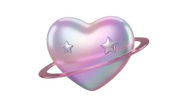 Iridescent 3D Heart Planet with Saturn Ring and Stars, Y2K Aesthetic Holographic Pastel Heart Icon on White Background