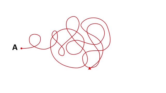 Complex and easy way from point A to B. hand drawn doodle scribble chaos path lines. kids tracing paths, animated visualization of directional flow concept"