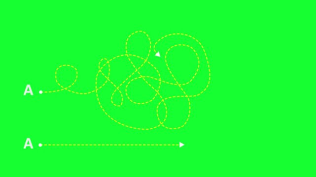 Complex and easy way from point A to B. hand drawn doodle scribble chaos path lines. kids tracing paths, creative illustration of route finding concept