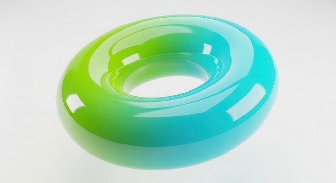 Abstract 3D Glossy Torus with Green and Blue Gradient on White Background - Minimalist Modern Graphic Design Element