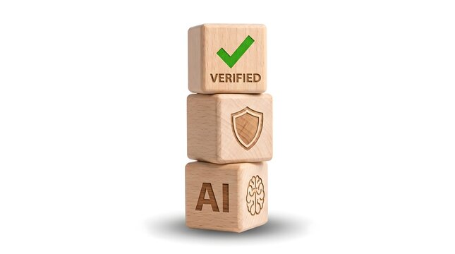 Three wooden blocks stacked vertically showing ai neural brain shield and verified status.