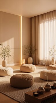 Minimalist interior with cushions and decor bathed in warm sunlight