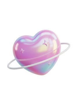 3D Iridescent Heart Planet with Ring Isolated on White Background, Holographic Pastel Romantic Cosmic Element