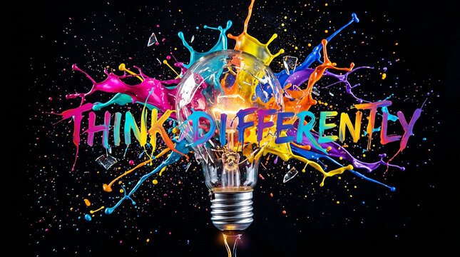 Think Different Concept with Exploding Light Bulb and Rainbow Paint Burst
