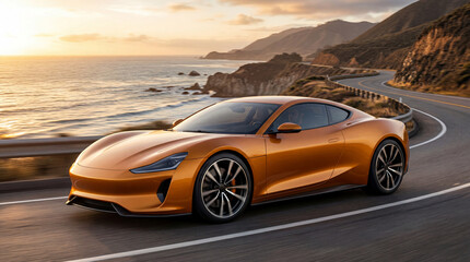 Naklejka premium Futuristic Electric Hypercar on Scenic Highway at Sunset