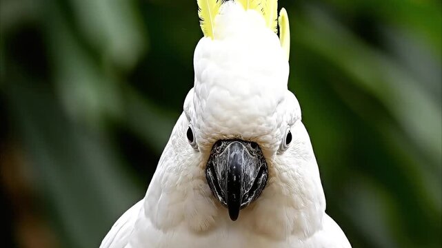 A close-up portrait of an exotic white crested cockatoo perched on a tropical branch in the wild, showcasing its vibrant yellow crest feathers and powerful beak videos