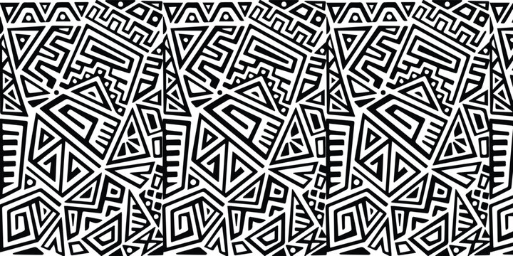 Seamless black and white geometric pattern with ethnic tribal motifs.