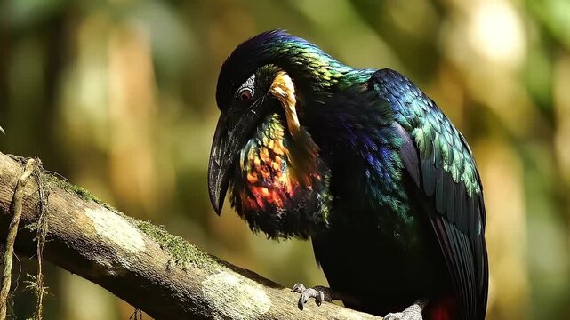 A vibrant collection of exotic tropical wildlife features a colorful black and yellow macaw parrot with striking blue feathers on a branch and a wild red billed hornbill perched in a nature tree video