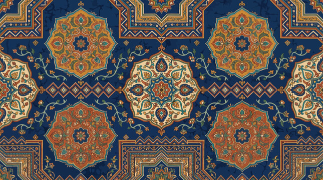 Intricate blue and orange tile pattern featuring circular medallions and arabesque motifs.