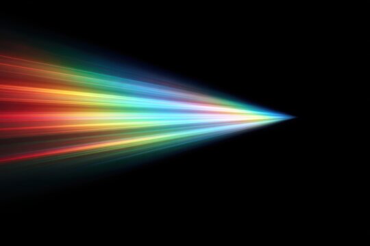 Vibrant rainbow light streaks against a dark backdrop, creating a sense of motion.
