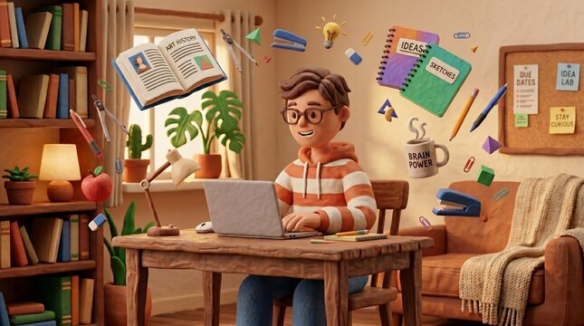 3D animated student focused on learning at home with laptop, surrounded by floating study materials &ndash; a symbol of remote education and digital productivity