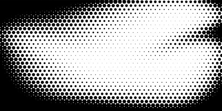 Black seamless hexagon texture. Repeated honeycomb pattern background. Geometric hexagonal halftone tech overlay backdrop.