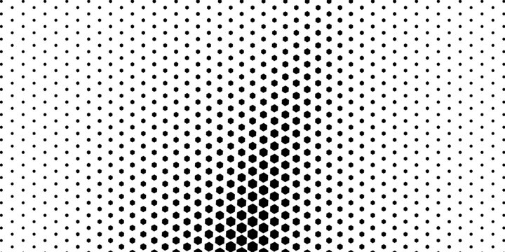 Black seamless hexagon texture. Repeated honeycomb pattern background. Geometric hexagonal halftone tech overlay backdrop. Abstract repeating hex halftone.