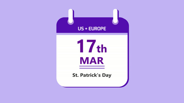 Cultural celebration calendar interface featuring 17th March Saint Patricks Day with clean minimal date layout and festive tradition theme on purple background 4k visuals