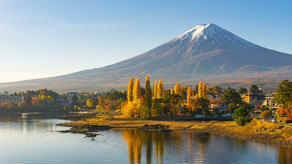 Beautiful Fuji mountain and Kawaguchiko lake at sunrise, Autumn seasons at Yamanachi in Japan. © Chalearmrat