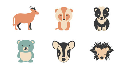 Fototapeta premium Cute wild animal cartoon icons with antelope, mongoose, badger, bear, deer, and hedgehog illustrations, perfect for kids education and wildlife projects