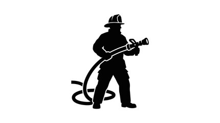 Firefighter silhouette stands holding a heavy water hose while wearing protective gear during an emergency response operation. © yanto