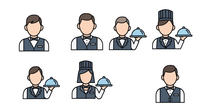 Set of waiter and server icons with serving trays and chef hats, perfect for restaurant and hospitality design projects