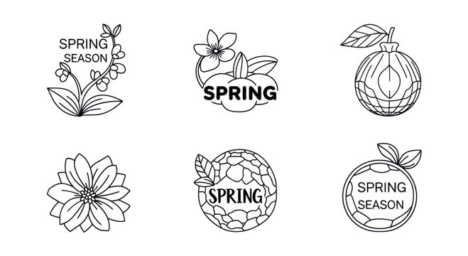 Spring season floral and fruit icons line art set with text for seasonal design and nature themes